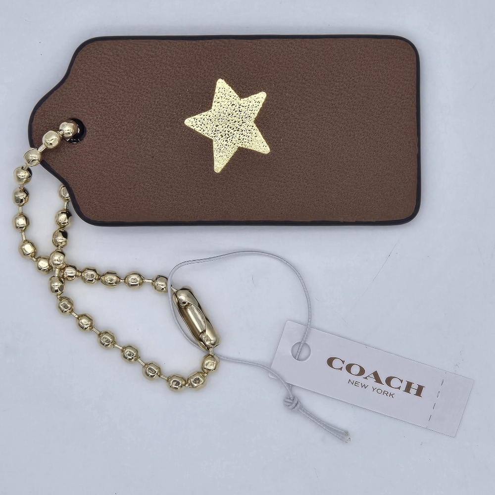 Coach Brown Leather Star Luggage Tag with Gold Chain